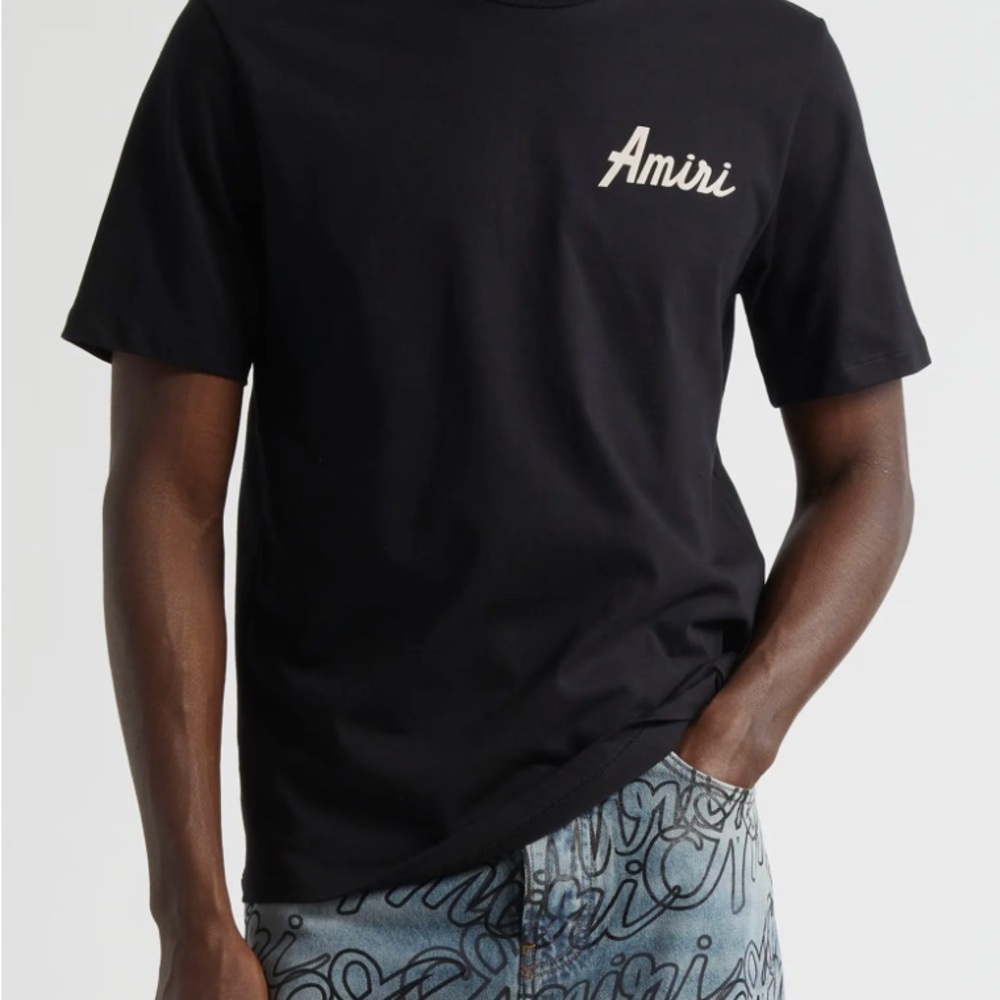 AMIRI Black Short Sleeve Tee with Cursive Logo